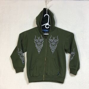 Vintage Y2K‎ Silver Point Hoodie Mens M Olive Green Embroidered Tribal Graphic